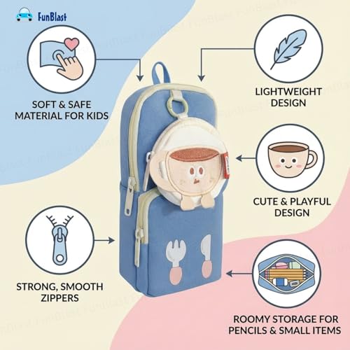 Image of FunBlast Pencil Pouch for Kids, Girls - Large Capacity Multipurpose Stationery Zipper Pouch with Coin Pouch for Kids & Adults, Kawaii Aesthetic Pencil Case Organizer, Cute School Supply Bag (Blue)