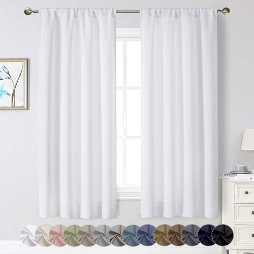 WelvetBLK White Curtains for Bedroom Living Room 63 Inch Length 2 Panels Set, Soft Solid Light Filtering Thermal Insulated Window Treatments, Modern Rod Pocket Dining Room Curtains, White, 40' Wx63 L