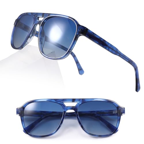 Nesgther Polarized Retro Aviator Sunglasses for Men Women Blue Tortoise Acetate Square Frame with Double Bridge UV400 Gradient Lens Fashion Oversized Eyewear