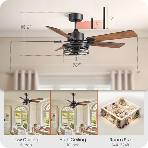 Image of 2 PACK 52 Inch Farmhouse Ceiling Fans with Lights and Remote, Timer, Dual Finish 5 Blades (Walnut and Black), 6 Speeds, Reversible DC Motor, Rustic & Industrial Caged Ceiling Fan FB01CFP205