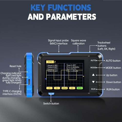 Oszilloskop Handheld, Digital Handoszilloskop 400V 200KHz Bandbreite Abtastrate 2.5MS/s Tragbare Oscilloscope 2.8 TFT Auto/Nomal/Einzel Triggermodus Tasche Oszilloskope für Anfänger