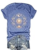 Boho Tops for Women Mystic Moon and Sun Wildflowers T-Shirt Celestial Tees Spiritual Astrology Shirt Blue M