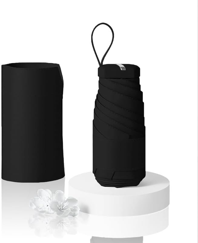AFULILI Small Mini Umbrella For Travel Compact UV Umbrella For Sun&Rain Windproof Lightweight Simple Color Flod Umbrella For Women Man Kids（Obsidian Black）