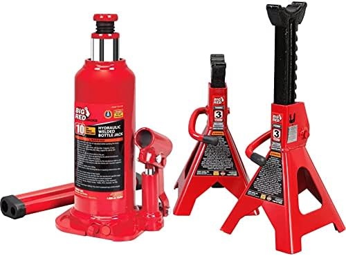 BIG RED T91003B Torin Hydraulic Welded Bottle Jack, 10 Ton (20,000 lb) Capacity, Red & T43202 Torin Steel Jack Stands: 3 Ton (6,000 lb) Capacity, Red, 2 Count (Pack of 1)