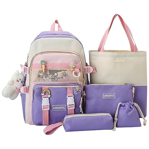 Tenbip 5Pcs Kawaii Backpack Cute Backpack Aesthetic Backpack Preppy Backpack Set Kawaii School Supplies with Accessories (Purple) Cover