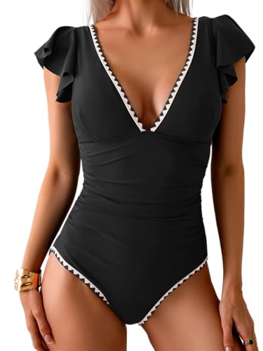Image of Aidonger Women's One Piece Ruffle Swimsuit Tummy Control Bathing Suit V Neck Shell Stitched Swim Suit Slimming Swimwear Black and White