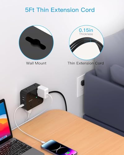 Image of Power Strip Surge Protector, 5ft Ultra Slim Flat Extension Cord with Multiple Outlets, 8 Outlet Extenders with 4 USB Ports (2 USB C), Support