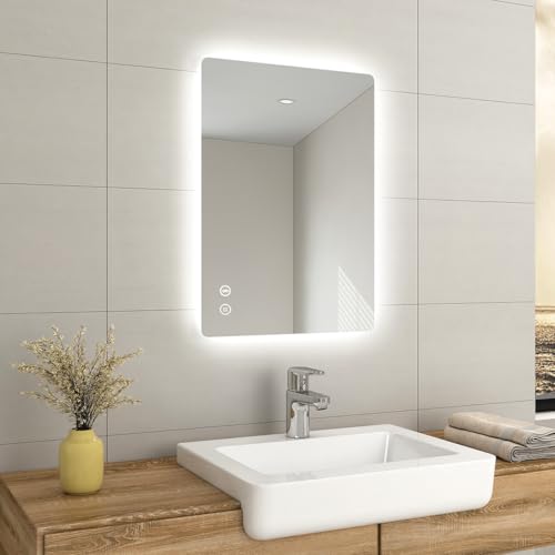 EMKE Bluetooth Bathroom Mirror with Lights and Shaver Socket, 50 x 70 cm Backlit LED Bathroom Mirror with Bluetooth Speaker/Safety Shaver Socket/Anti-fog/Dimmable, Vertical/Horizontal, IP44