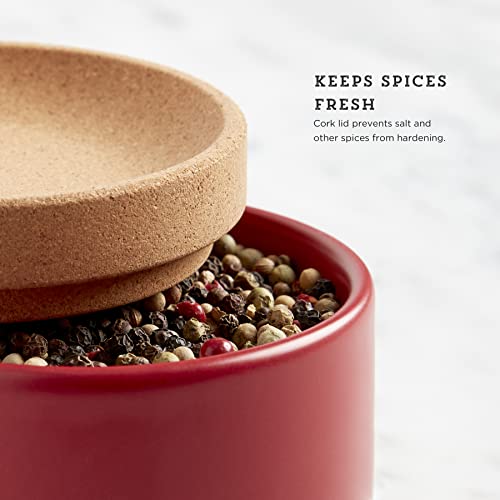 Image of Ceramic and Cork 3 Piece Stackable Salt and Pepper Cellar For Countertop Space Saving1Easy Lift Lid to Retain Freshness for Easy Open, Natural Cork and Red Ceramic