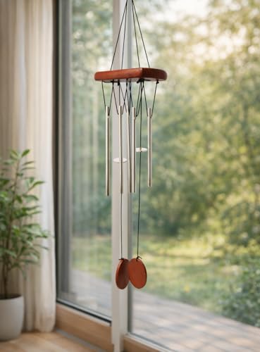 Image of Decorative Wind Chime for Home | Wooden House with Bells Colourful Beads | Positive Energy Balcony Living Room Hall Garden Home Decor (Wind Chimes with 4 Tubes)