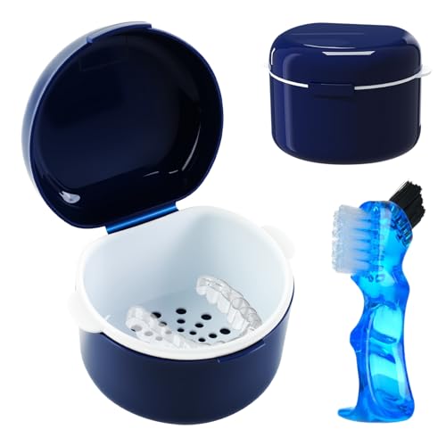 GmeDhc Caja Aparato Dental con Postiza Cepillo Limpiador, Caja de Dentaduras Postizas con Filtrar, Funda Aparato Dental Ortodoncia, Contenedor por Alineadores Dentale