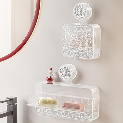 Porta Jabón con Ventosa De Vacío Diseño De Doble Capa con Drenaje De Acrílico De Cristal Impermeable 2 Tamaños Disponibles para Baño,Cocina Y Autocaravana – Mantén El Jabón Seco Y Limpio(Large)