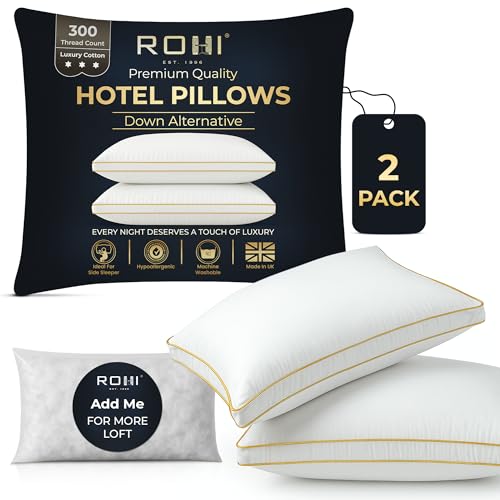 Rohi Hotel Quality Pillows 2 Pack with Extra Down Alternative Filling – 2 Inch Thick Gusseted Box Pillow – Breathable & Anti Allergy Comfort – Medium Support Pillows for Side & Back Sleepers (45x70cm)