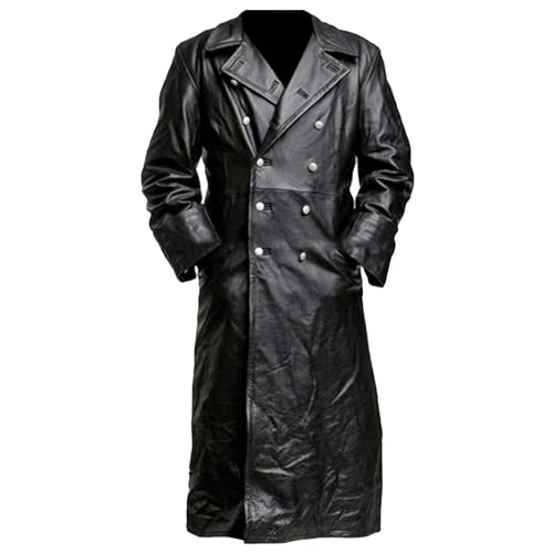 Image of Men’s Double Breasted Leather Trench Coat Military Uniform Full-Length Overcoat Vintage Motorcycle Long Jakcet (Black,Large)