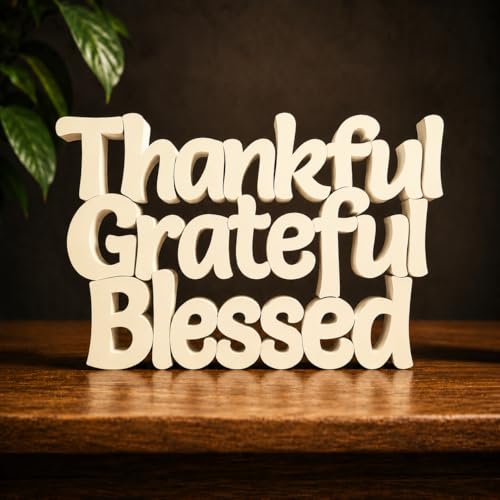 Image of Mad Masters Thankful Grateful Blessed Inspirational Desk Decor - Aesthetic Table, Shelf & Wall Showpiece for Home Office, Business. Vastu Friendly Gifting, Soft Ivory (20.3 x 12.5 x 2.5 cm)