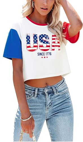 Image of MYHALF Women USA Flag 250th Patriotic 4th July Memorial Day Crop Shirt
