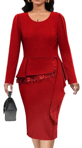 VisiChenup Women's Sexy Church Pencil Dress Elegant Long Sleeve Business Bodycon Work Midi Dresses