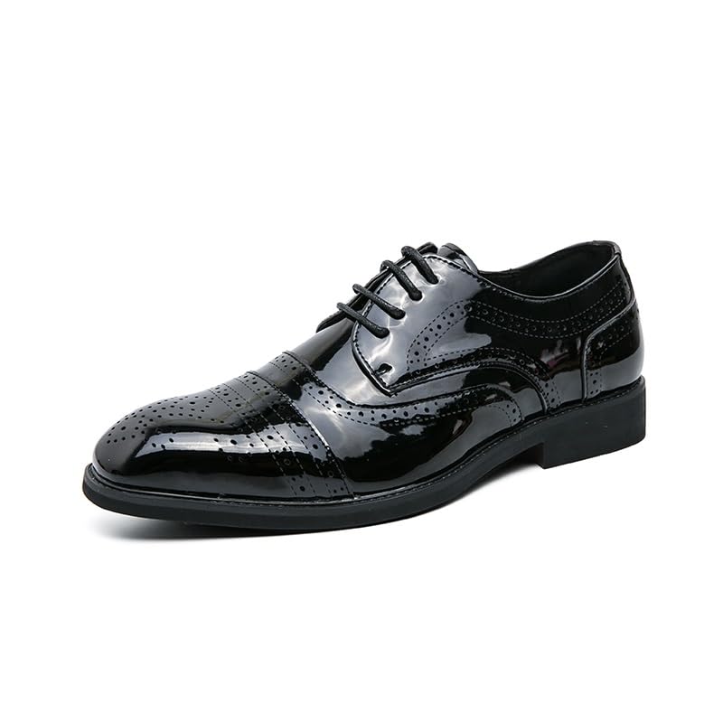 Oxford Shoes for Men Lace Up Round Toe Patent Leather Brogue Cap Toe Derby Shoes Anti-Slip Non Slip Low Top Block Heel Party