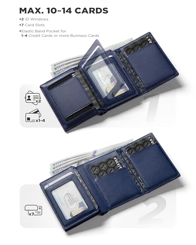 VULKIT Mens Leather Trifold Wallet with Airtag Card Case, Magnetic Closure, for Max. 10-14 Cards, Dark Blue2