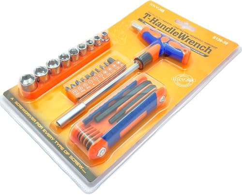 Image of Set of 25 Pcs Magnetic T-Handle Ratchet Wrench and Screwdriver Set 9 Pc x sockets, 10 Pcs x Screw driver heads Set, 1 x Allen key Set, & 1 Pc x T-Handle Wrench