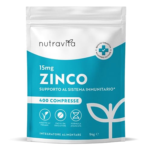 Zinco Integratore - 400 Compresse Vegane - 1 anno+ Fornitura - Zinco 15mg - Integratore Zinco per Mantenere il Normale Sistema Immunitario, Ossa, Capelli, Pelle e Unghie - Molto dosato - Nutravita