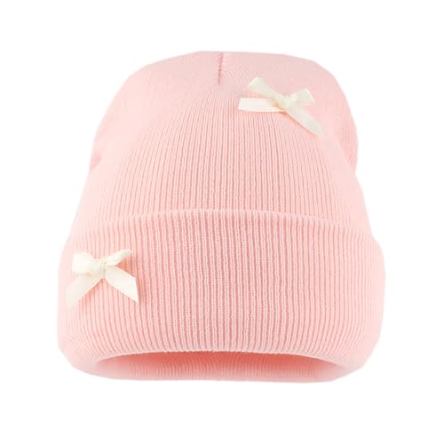 yolrdiw Cute Bow Applique Beanie Y2k Winter Warm Knitted Hat for Women Men Pink White