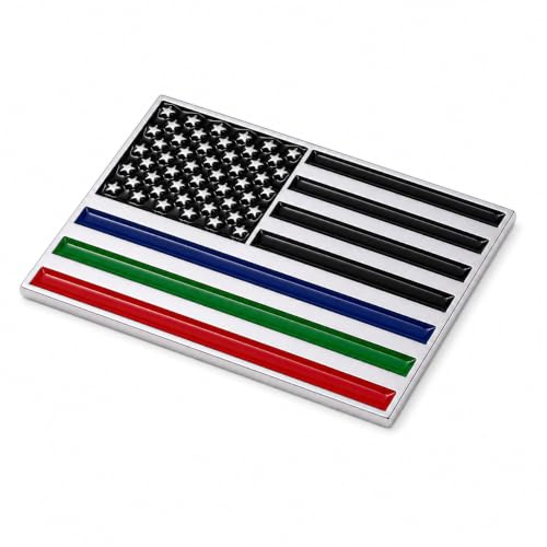 Image of Thin Line American Flag Car Emblem, 3.15 x 2 Inch Metal USA Flag Badge with Blue Red Green Lines, Patriotic Auto Decal for Cars Trucks SUVs, First Responders Police Firefighters Military Support