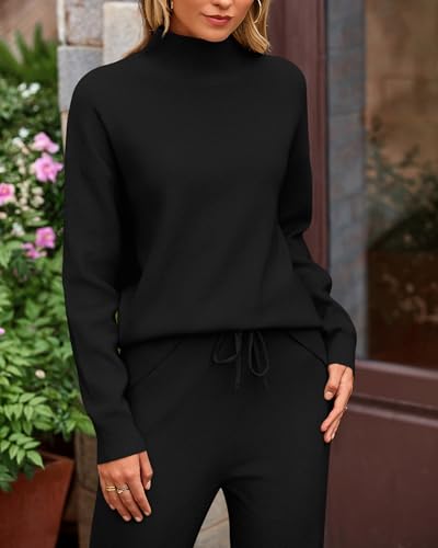 dowerme Women Fall 2 Piece Outfits 2025 Winter High Neck Sweater Sets Drawstring Wide Leg Pant Chunky Knit Lounge Set4