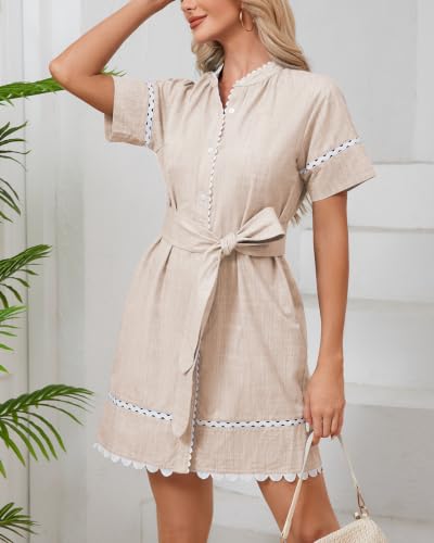 Image of Women's Summer Shirt Dress Short Sleeve Button Down Mini Tie Waist Belted Tunic with Pockets RIC Rac Trim