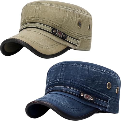 Image of Cadet Army Hat 2 Pieces Flat Top Cap Unisex Military Hat for Women Men