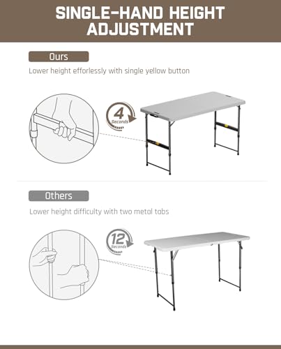 FanttikOutdoor 4ft Portable Folding Table, One-Handed Height Adjustment, 4 Heights, Gravity Lock, Carry Handle, Indoor Outdoor Heavy Duty Fold-in-Half Utility Table, Party, Gray Zeta X4 Pro