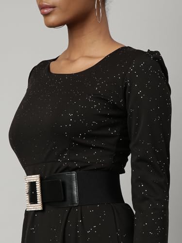 Image of SHOWOFFFF Women Solid A-Line Party Dress | Round Neck 3 /4th Sleeves Nylon Dress for Womens | Maxi Dress for Women's