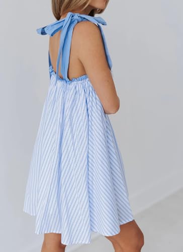 Image of Women Floral Tie Shoulder Mini Dress Cute Square Neck Loose Fit Beach Short Dress Backless Boho Vocation Sundress