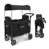 WONDERFOLD W2 Original Double Stroller Wagon Featuring 2 High Face-to-Face Seats with 5-Point Harnesses, Easy-Access Front Zipper Door, and Removable UV-Protection Canopy, Black