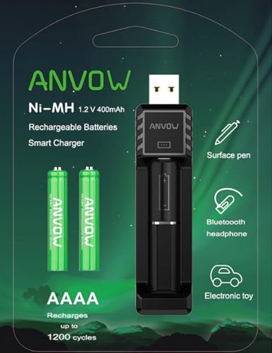 ANVOW Smart Battery Charger with 2 Count Rechargeable AAAA Batteries for Surface Pen