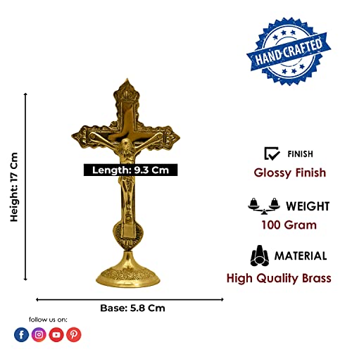 Genieland 6.6 Inch Antique Brass Jesus Crucifix For Catholic Church Alter. Gold Finished Chapel Standing Ornate Tabletop Cross For Office And Home Decor Housewarming Return Gift Item Bulk #TOP2