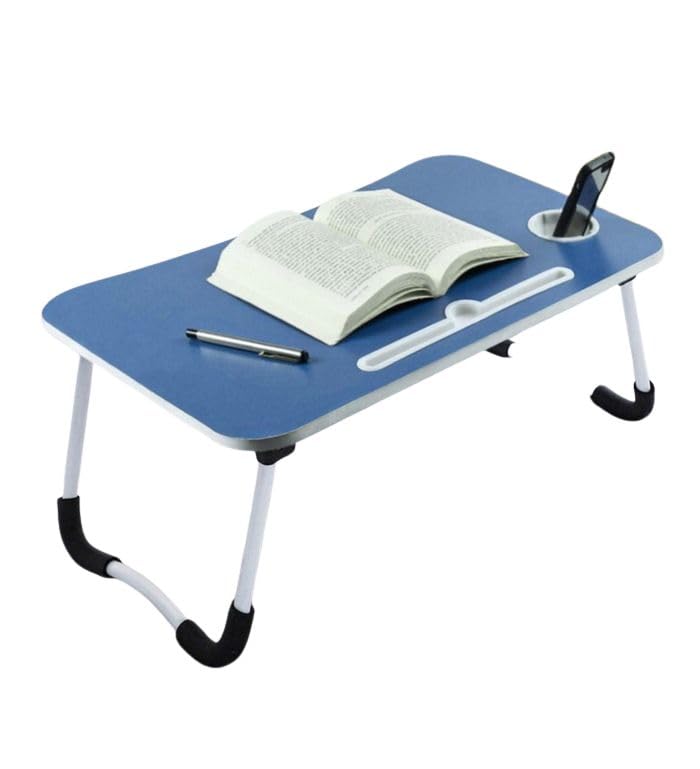 BK SALES Foldable Wooden Study Table Laptop Bed Tray | Multifunction Lap Desk with Cup Holder | for Breakfast, Work,Reading & Movies on Bed (Blue)