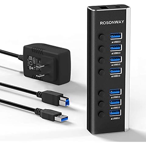 USB Hub 3.0 Powered Rosonway Aluminum 7 Ports USB 3.0 Data Hub Splitter with 24W (12V/2A) Power Adapter and Individual On/Off Switches USB Port Expander for PC and Laptop (RSH-A37S) Cover