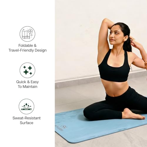 Image of Wiselife Travel Yoga Mat Portable Anti-Slip Sweat-Resistant Natural Rubber Yoga Mat with Carry Strap Eco-Friendly Lightweight for Home Gym Travel for Men & Women Blue 2mm