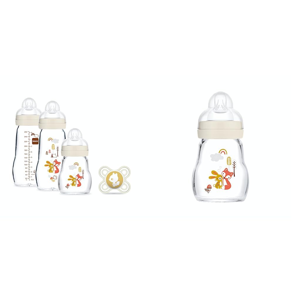 MAM Coffret – résistant à la chaleur – Biberon verre pour nourrisson dès la naissance en silicone & Biberon verre, 170 ml – 0+ mois – Tétine débit 1, vitesse lente – Blanc