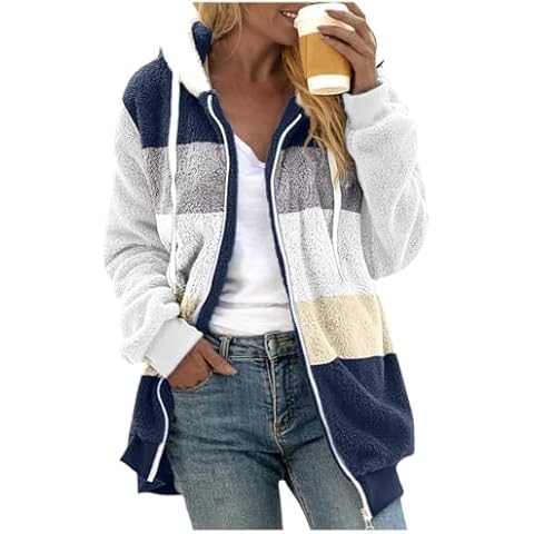 Gumipy Sherpa Jacket Women Plus Size Color Block Fleece Jacket Coat Fuzzy Hooded Zip Up Jacket with Pockets Comfy Women Winter Clothes Trendy Drawstring Oversized Hoodies Outerwear Cover