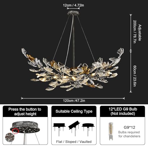 Image of Modern Chandeliers for Dining Room，AioTio L47.2''Long Unique Glass Ginkgo Leaf Dining Chandeliers Over Table,Large Rectangle Tree Branch Ceiling Hanging Black Chandelier for Living Room,Kitchen Island