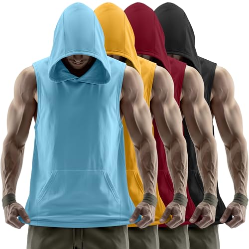 Ficerd 4 Pack Mens Big & Tall Workout Hooded Tanks Muscle Bodybuilding Cut Off Shirts Sleeveless Gym Hoodies with Pockets(Teal Yellow Wine Red Black 4X-Large)