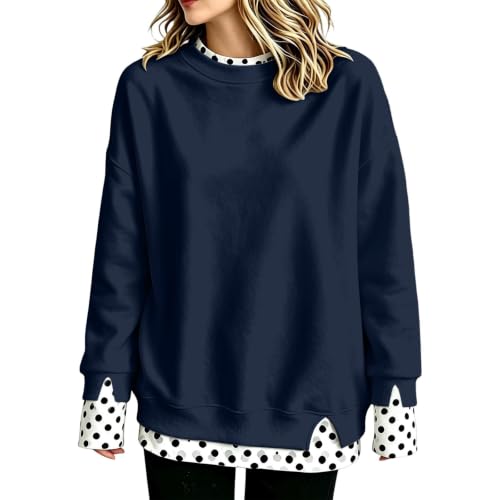 XINGJIAARTS Oversized Crewneck Sweatshirt Women Patchwork Long Sleeve Fall Tops Side Slit Pullover Trendy Fashion Outfits Dark Blue XX-Large (xx_l) - image 4