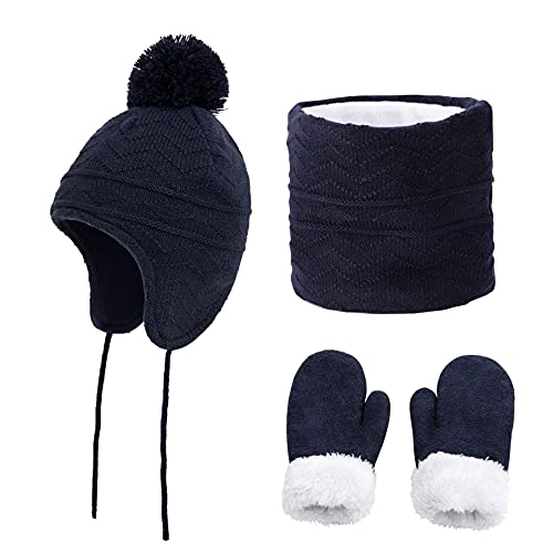 JFAN Patrón de Onda de Diamante Gorro para niños Bufanda Guantes Gorro de Invierno para bebé Gorro cálido Traje de Tres Piezas(Navy,L)