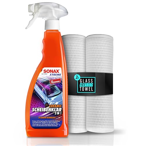 Auto Glasreiniger und Versiegelung Set | Sonax Xtreme Ceramic Scheibenklar 2in1 750ml + 2x Glasreinigungstücher | Effizienter Scheibenreiniger Außen mit Abperleffekt für Autoscheiben