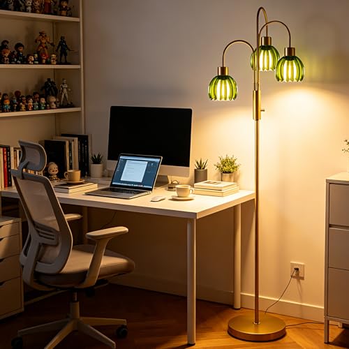 Image of 3-Light Glass Floor Lamp, 70 inch Gold Dimmable Standing Tall Lamp with Green Glass Shades &3PCS 3000K Warm White Bulbs for Wedding /Party, Modern Tree Pole Lamp for Living Room Bedroom Home Office Corner