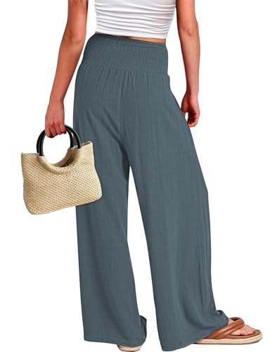 Buauty Women Palazzo Pants Wide Leg Casual Pant Summer High Waist Lounge Pants 2024 Loose Baggy Beach Travel Clothes Lakeblue2