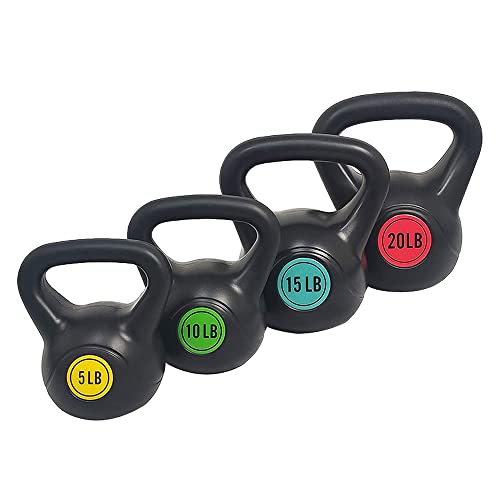 Sporzon! Wide Grip Kettlebell Exercise Fitness Weight Set, Includes 5 lbs, 10 lbs, 15 lbs, 20lbs, Multicolor