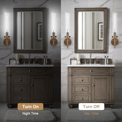 Image of Bronze Wall Sconces Set of Two with White Lights, 19.5'' Brushed Brass Knurled Bathroom Sconces Wall Lighting Vanity Light with Clear Glass for Living Room Mirror Bedroom Stairs